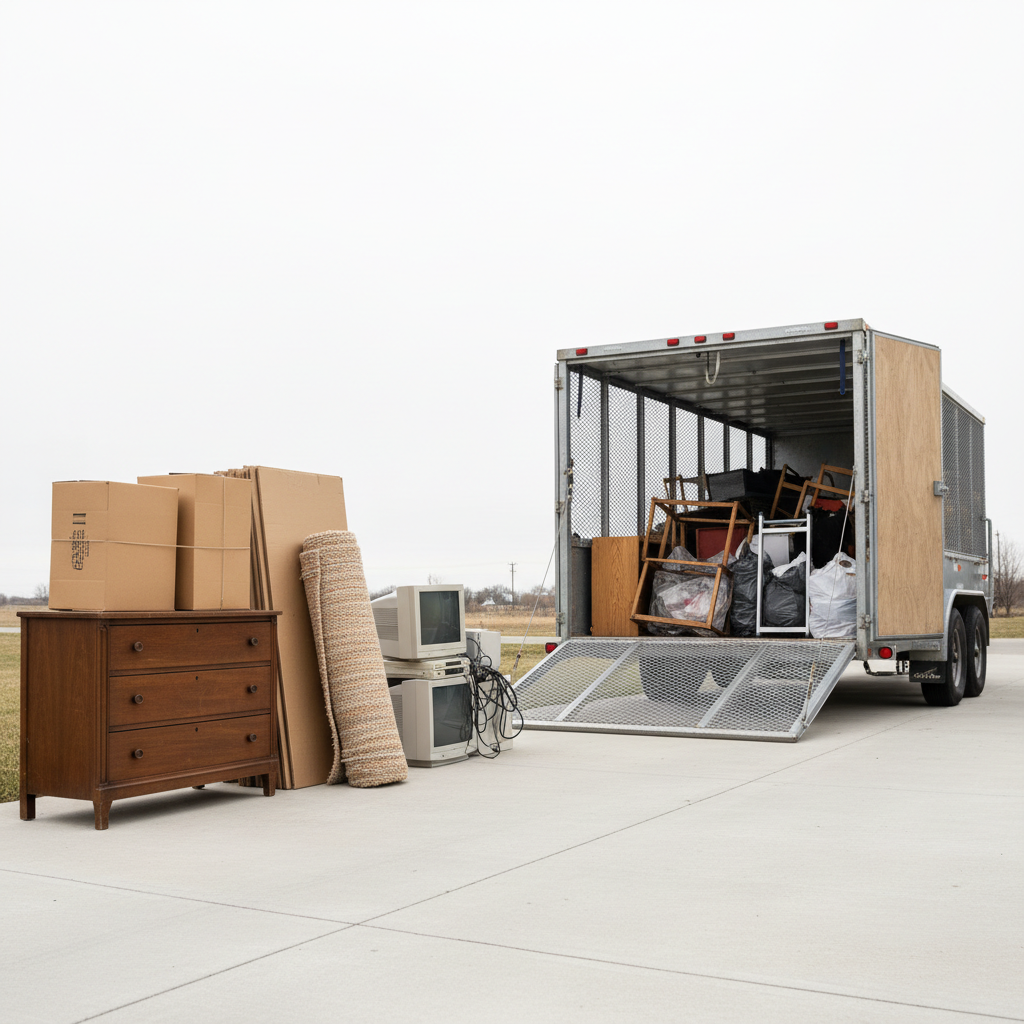 A driveway filled with sorted junk items ready for hauling, arranged in organized clusters to suggest methodical removal rather than chaos. An old wooden dresser, flattened cardboard boxes, a rolled-up rug, and a small stack of electronic devices sit on the clean concrete, all staged near a large, open utility trailer with its ramp down. The trailer interior is neatly packed with other bulky items, showing efficient use of space. Bright, diffused daylight from an overcast sky creates even illumination without harsh shadows. The photographic realism composition is shot at a three-quarter angle, with clear depth from foreground to background, evoking a sense of relief, order, and the professionalism of a junk hauling service.