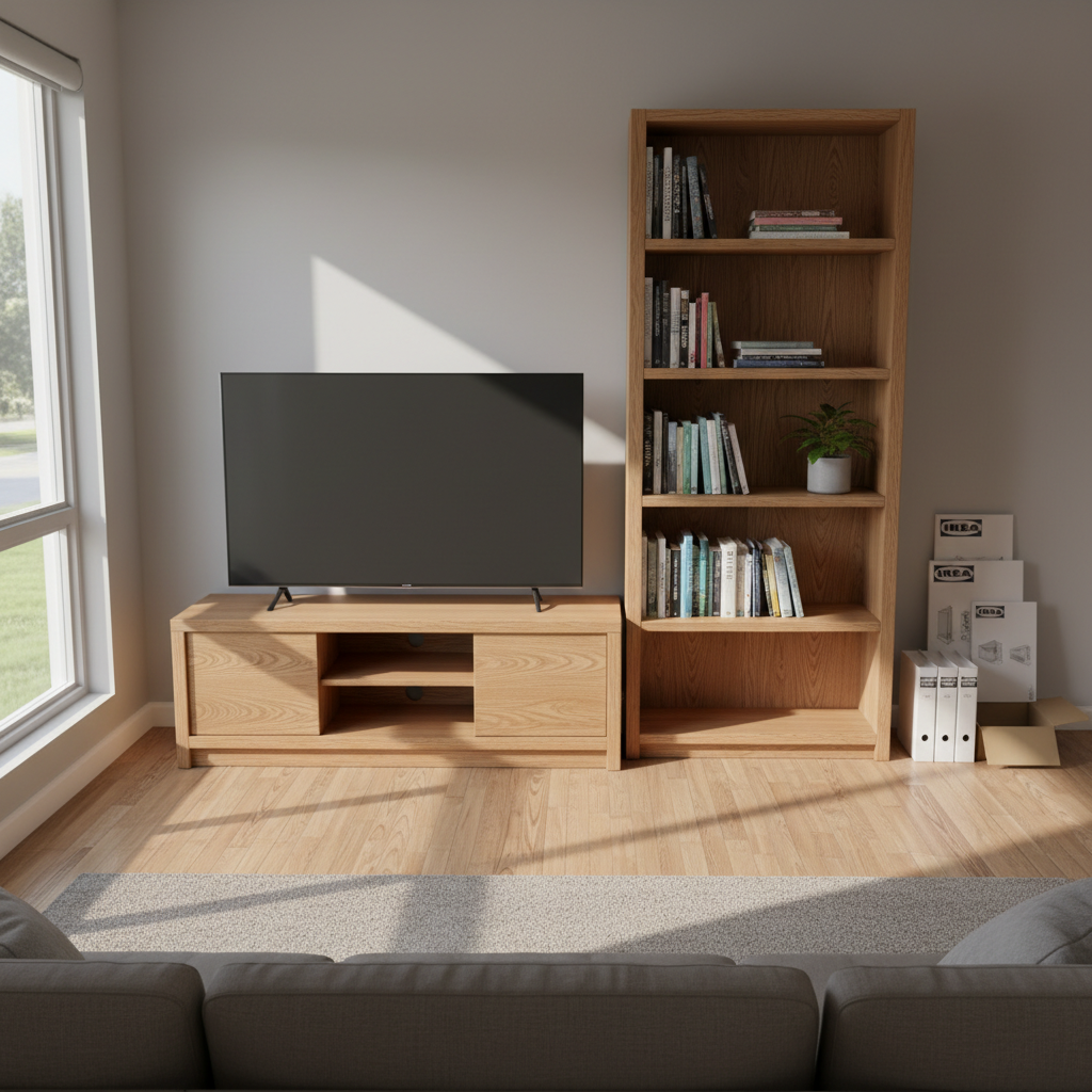 A cozy suburban living room featuring a newly assembled wooden TV stand and matching bookshelves, their warm oak surfaces perfectly aligned and level. The furniture stands against a soft gray wall, with neatly stacked instruction manuals and an empty cardboard box tucked discreetly to the side, suggesting a completed assembly job. Natural afternoon light filters through a nearby window, casting gentle, elongated shadows across the hardwood floor and highlighting the crisp edges of each shelf. Captured in photographic realism from a slightly elevated angle using the rule of thirds, the image has a clean, modern feel that emphasizes order, precision, and the satisfaction of professional furniture assembly work.