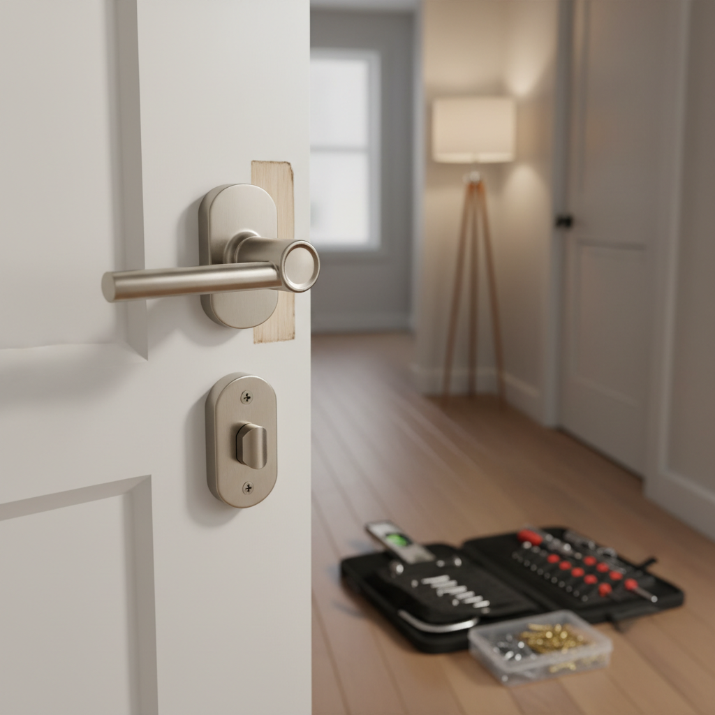 A close-up, photographic realism shot of a doorway mid-repair in a well-kept home, focusing on a precisely installed brushed-nickel door handle and freshly tightened hinges. The white wooden door shows a smooth, recently patched area where previous damage has been seamlessly repaired. A compact toolkit sits open on the floor nearby, with a level, screwdriver set, and box of assorted screws neatly arranged in their compartments. Soft, warm indoor lighting from a nearby lamp casts subtle highlights on the metal hardware and gentle shadows along the doorframe. Captured from a slightly low angle with shallow depth of field, the background hallway softly blurs, creating a clean, professional, and reliable mood centered on meticulous household repairs.