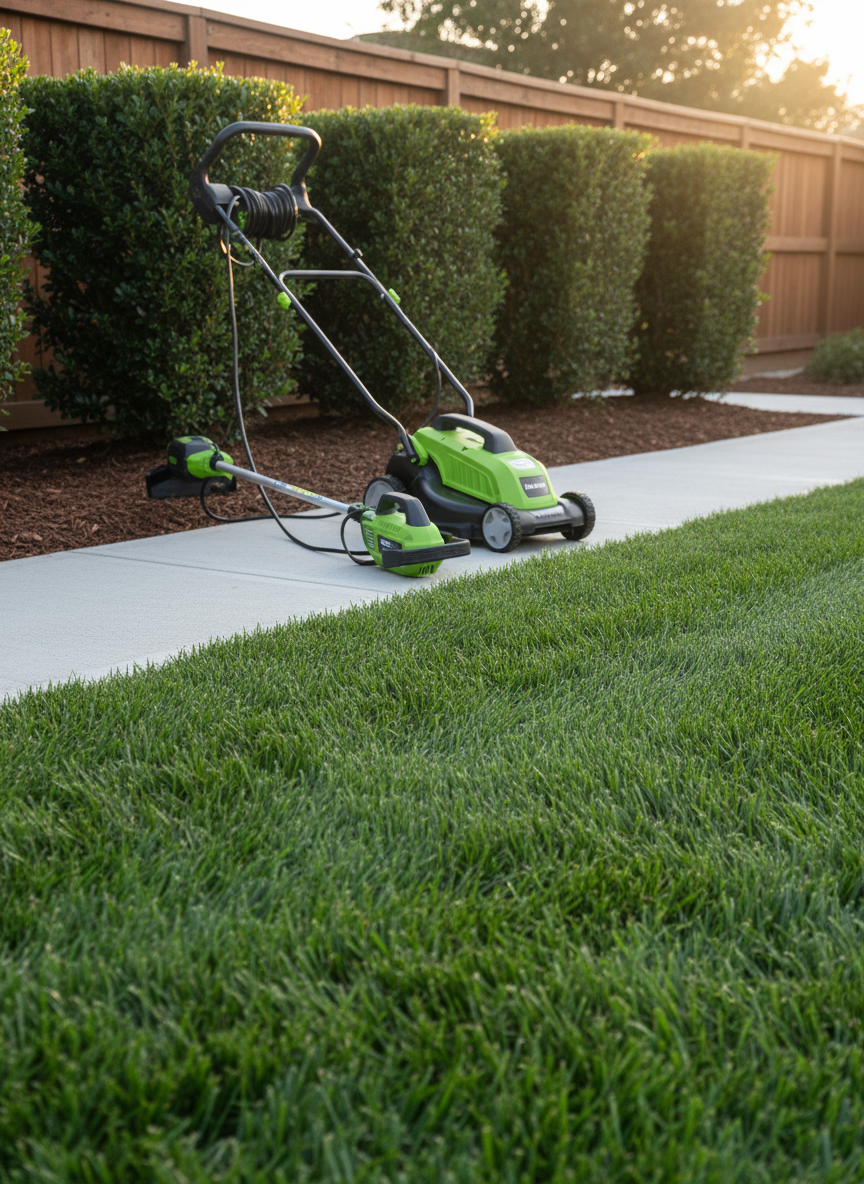 A tidy backyard scene highlighting freshly maintained lawn and landscape, with a neatly trimmed green lawn bordered by sharp, clean edges along a concrete walkway. A compact electric lawn mower and string trimmer rest side by side on the path, their casings spotless and cords neatly coiled. In the background, trimmed hedges and a cleared flowerbed show no stray clippings or debris. Soft golden hour sunlight bathes the scene, creating warm highlights on the tools and gentle shadows on the grass. Photographic realism, captured from a low-angle perspective to emphasize the lush grass texture, conveys a professional, dependable lawn maintenance service that values detail and care.