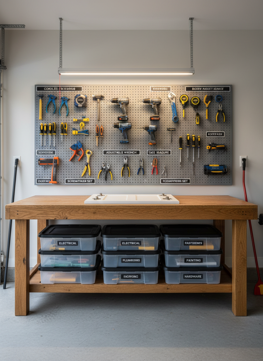 A well-organized handyman workspace set in a bright residential garage, with a sturdy wooden workbench as the focal point. Neatly arranged tools hang on a pegboard wall, each outlined and labeled, with cordless drills, wrenches, and measuring tape gleaming under soft, even overhead lighting. A freshly repaired cabinet door rests on the bench, its hinges aligned perfectly. The concrete floor is clean and uncluttered, with storage bins labeled for different tasks. Photographic realism, shot at eye level with sharp focus throughout, conveys a professional, reliable atmosphere. The mood is calm, efficient, and trustworthy, ideal for showcasing a dependable handyman service brand without any human presence.