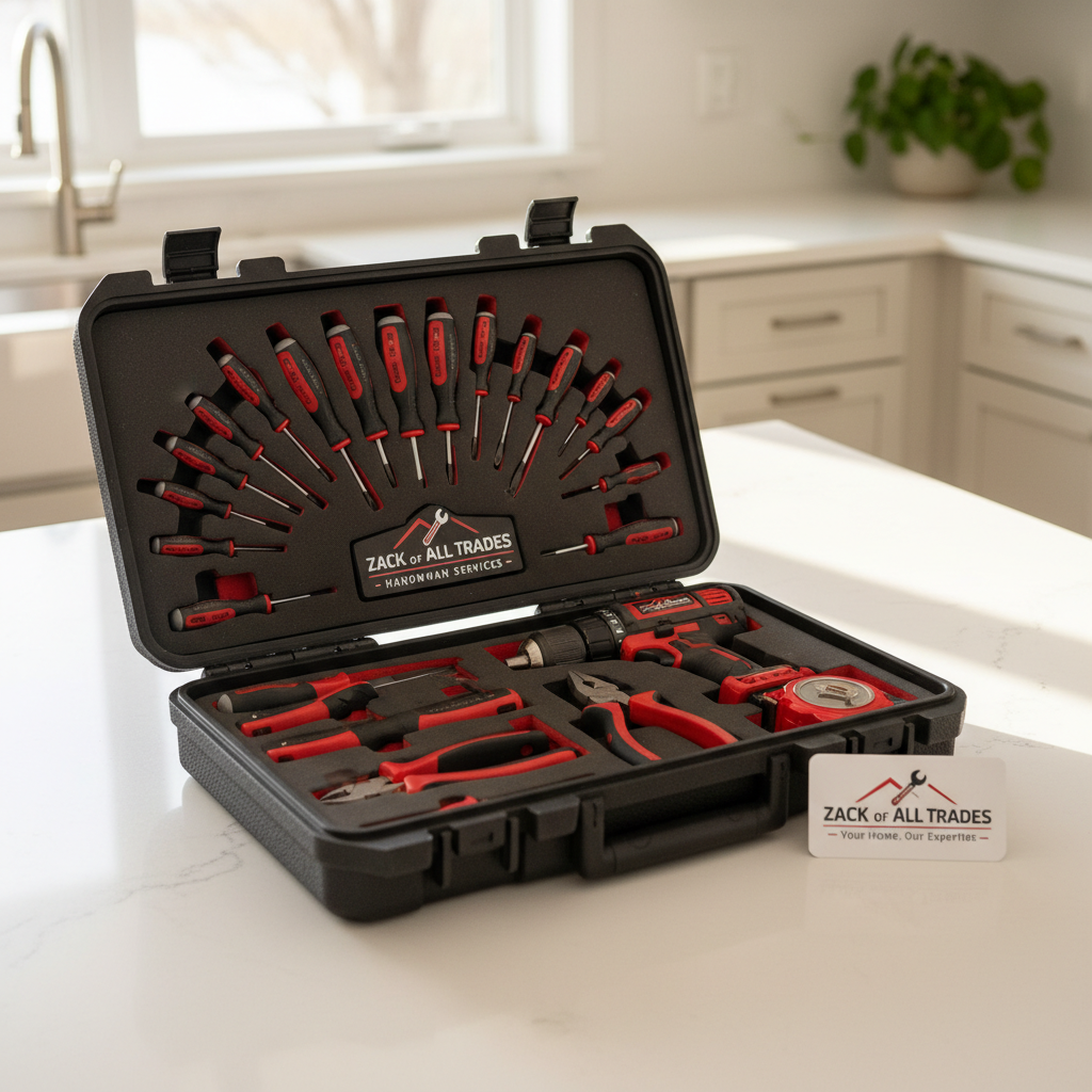 A meticulously organized “Zack of All Trades” branded tool kit laid open on a clean kitchen island, featuring color-coordinated screwdrivers, pliers, measuring tape, and a compact cordless drill, each seated perfectly in custom foam cutouts. The island’s quartz countertop reflects soft, diffused morning light streaming from a nearby window, creating gentle highlights on metal surfaces. A small, tasteful logo card reading “Zack of All Trades – Handyman Services” rests beside the kit, reinforcing brand identity. Photographic realism, captured from a slightly elevated angle with sharp focus on the tools and subtle bokeh on the kitchen cabinets behind, conveys a mood of professionalism, readiness, and trustworthy in-home service without any human figures.